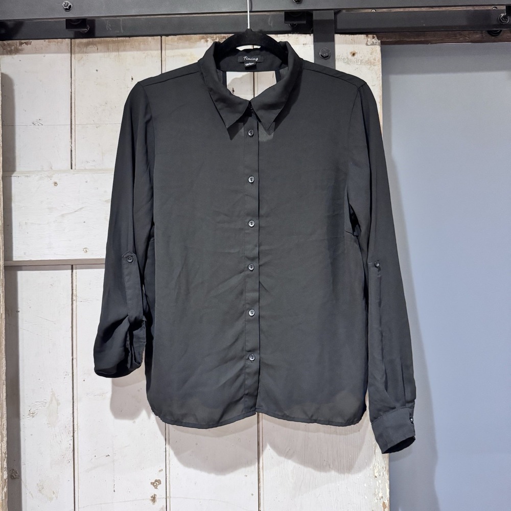 Timing Womens Cut Out LS & 3/4 Sleeve Collared Button Up Blouse Black Size L